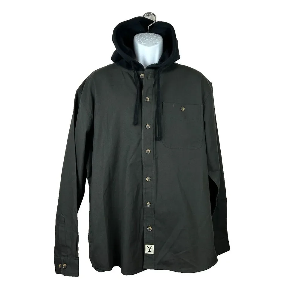 Yellow Stone TV Show Dark Green Chore Shirt Black Fleece Hood Size Large New